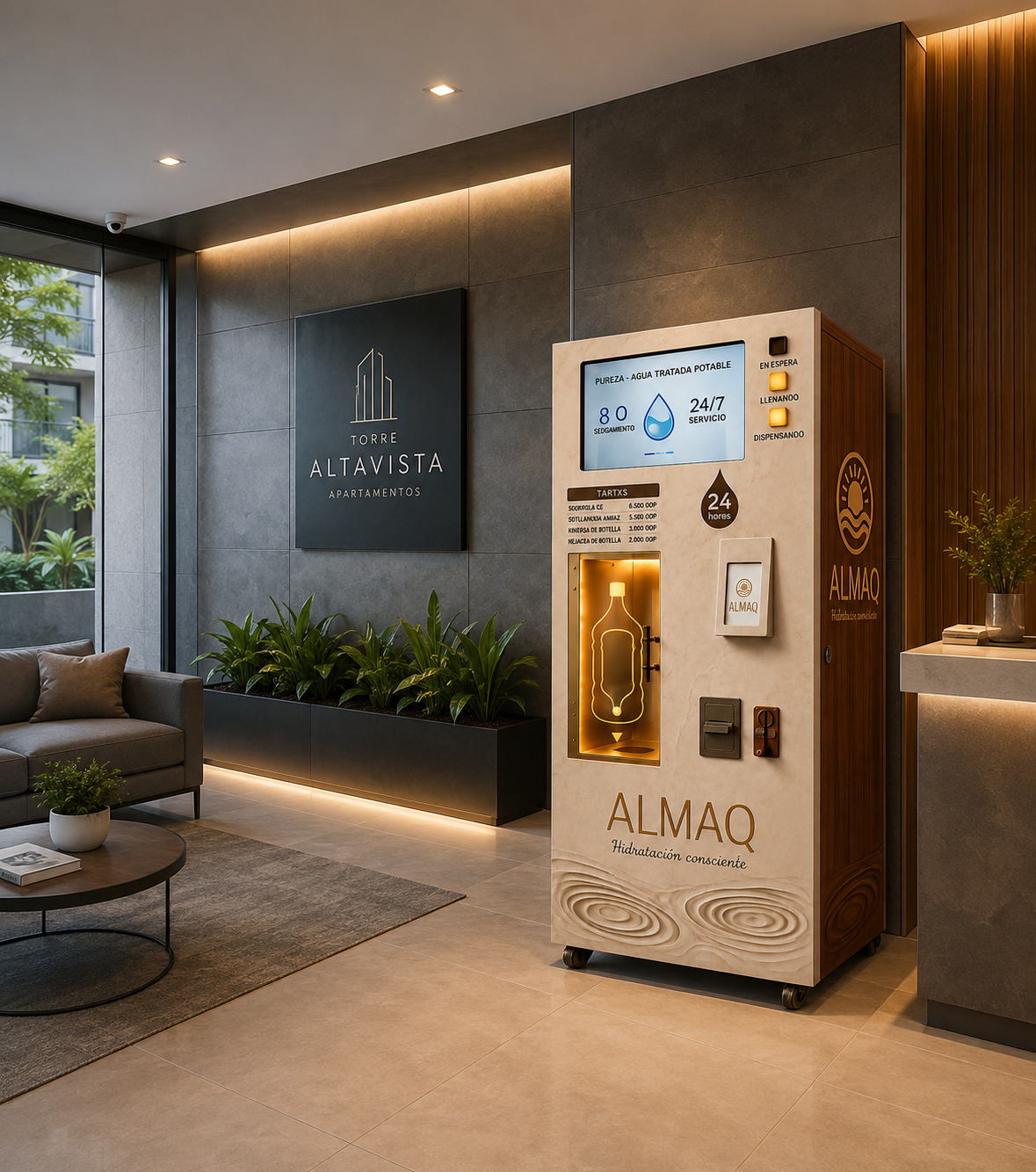 Máquina ALMAQ instalada en el lobby de una copropiedad moderna